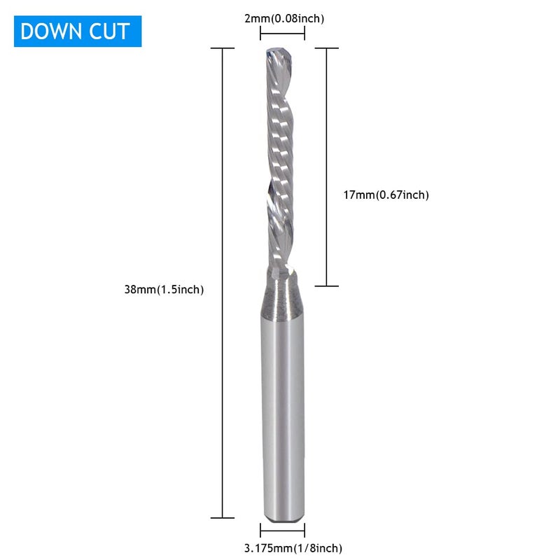 HOZLY 1/8 Inch Down Cut Single Flute (O Flute) Spiral End Mill CNC Router Bits ,with 0.08 Inch (2mm) Cutting Dia，43/64 Inch (17mm) Cutting Length for Acrylic PVC MDF Wood Pack of 5 - Image 2